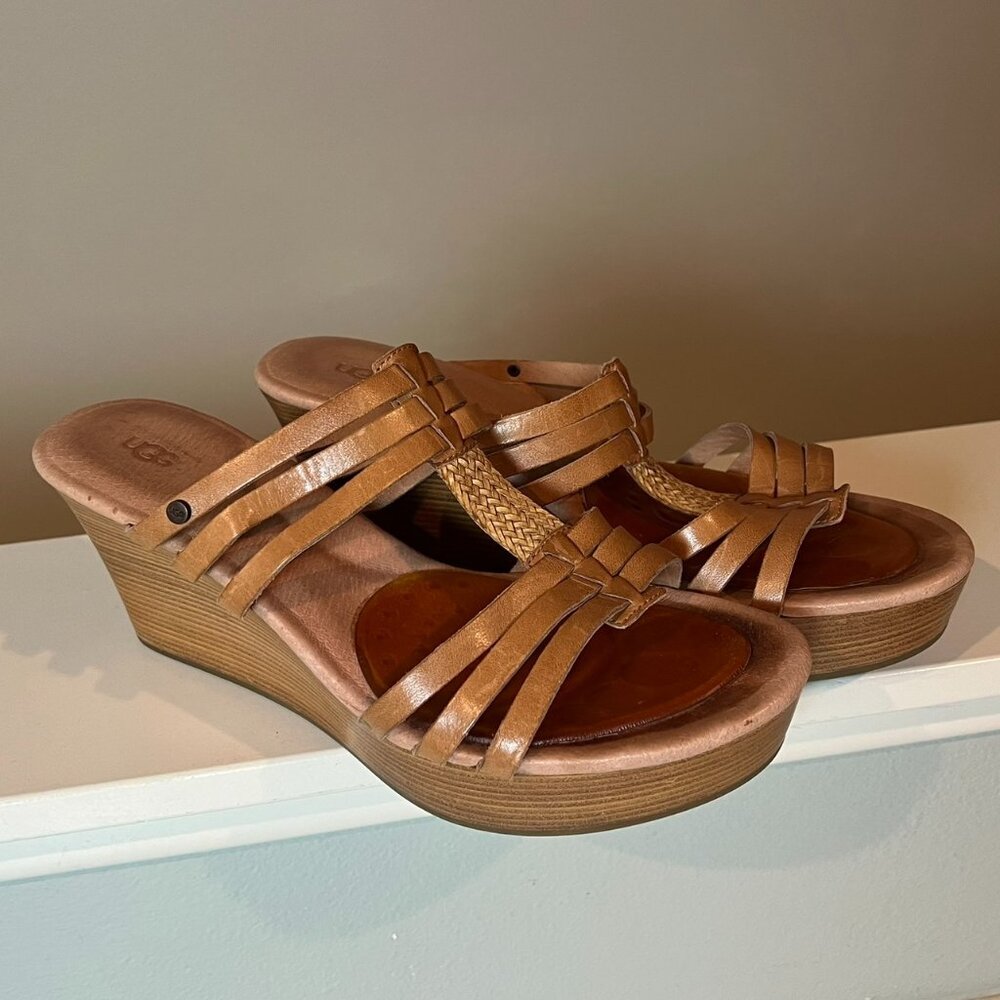 UGG Platform Sandals, UGG Wood and Leather Sandals, Natural Tan Leather, Size 10